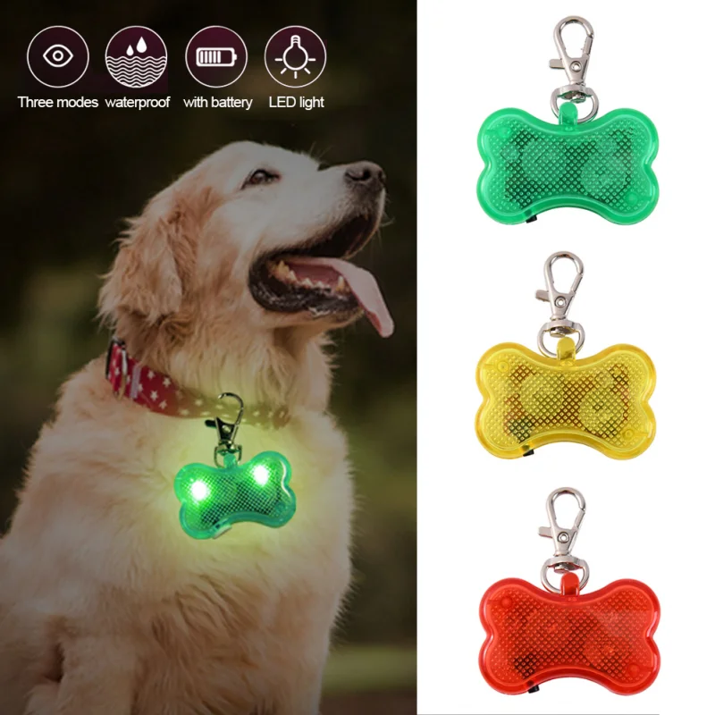 Bone Shaped Luminous Pet Collar, pingente brilhante, acessórios para cães, cachorro andando, luz de advertência com gancho pendurado