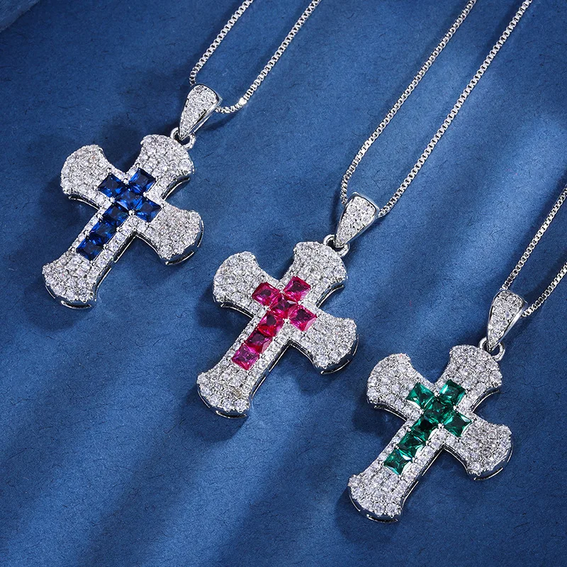 

New Iced Out Bling Red Crystal Cross Necklace for Women Pendant Charm Choker Silver Jewelry Decoration Gift for New Year 2023