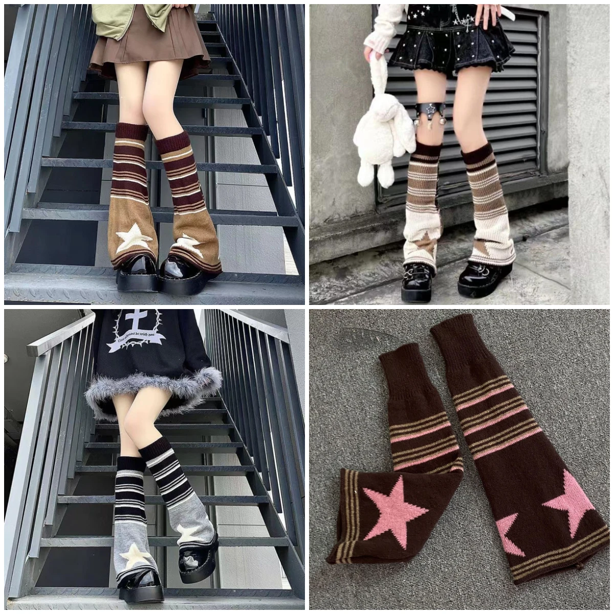 

Y2K Harajuku Striped Stars Fall Winter Leg Warmers Cool Girl Sock Cover Women's Long Socks Knitted Warm Foot Cover Boot Cuffs