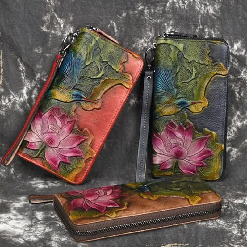 

Женский кошелек, Женская сумочка, кошельки для монет, держатель из натуральной кожи, рельефный Ретро Держатель для удостоверения личности, длинный клатч для монет, кошельки