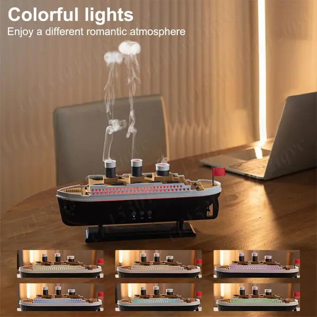 250ml Titanic Ship Model Air Humidifier Essential Oil Diffuser Jellyfish Smoke Ring Spray Aroma Diffuser Night Light for Home 1