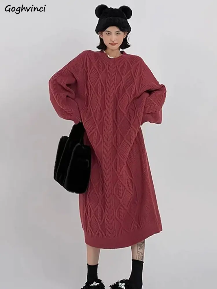 

Knitting Long Sleeve Dress Women Pink Loose Korean Fashion Style Tender Lovely Casual Pure Daily Basic Simple All-match Popular