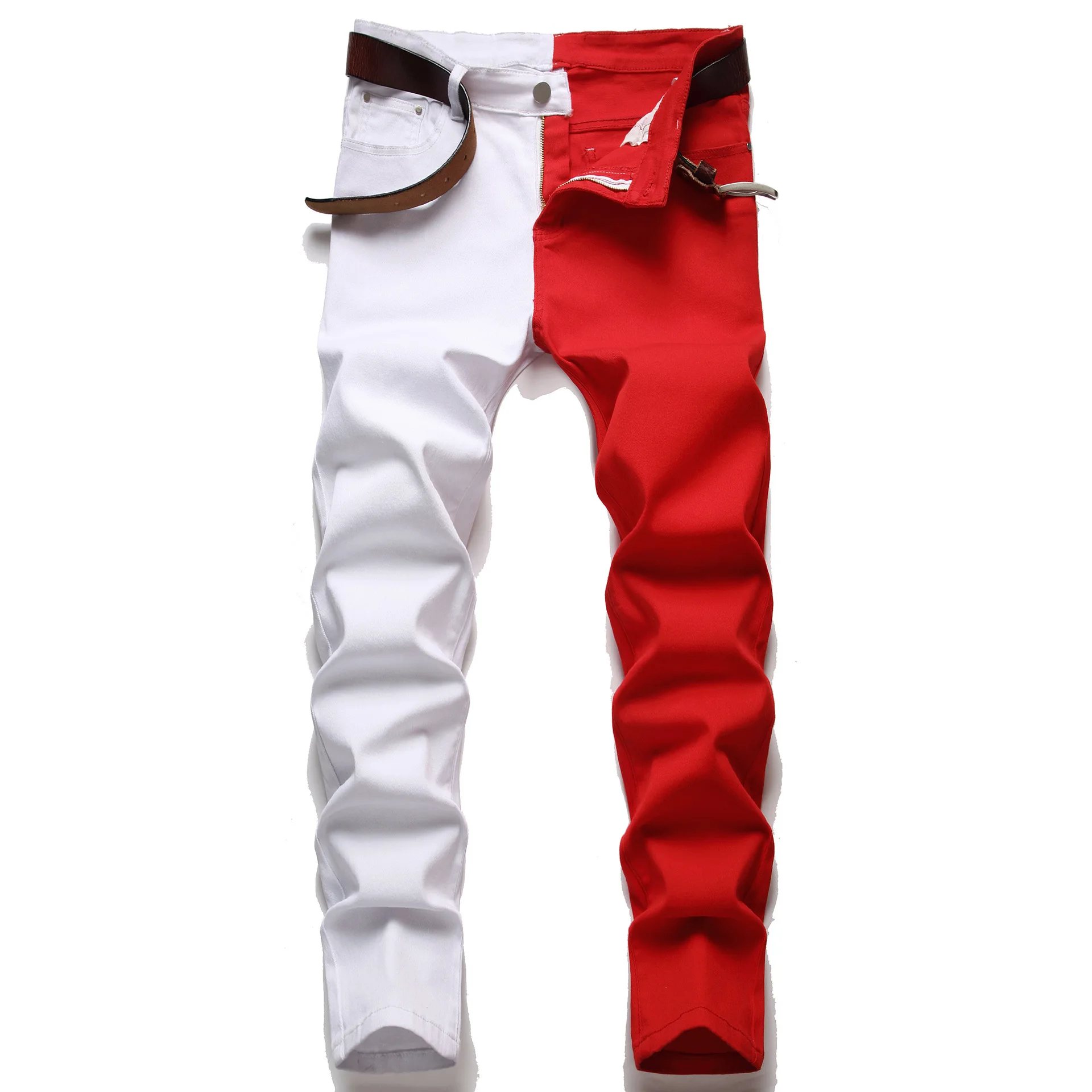 

Brand Red White Stitching Men Jeans Two-color Patchwork New Slim Skinny Stretch Street Hip Hop Male Elastic Denim Pants