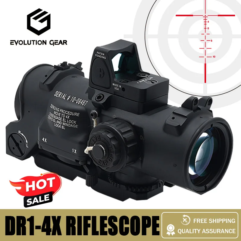 Tactical RifleScope DR 1-4x Fixed Dual Field of View Red Illumination Scope Sight With Full Markings For Airsoft and Hunting