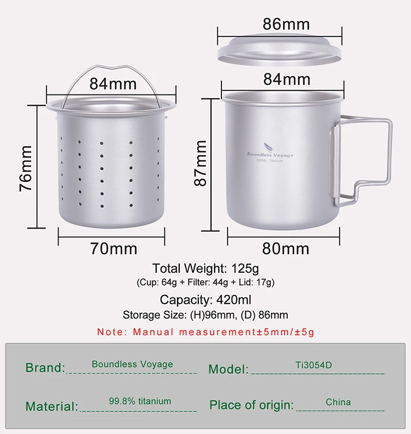 Boundless Voyage Titanbecher mit Teesieb 420 ml/14,2 Fl.oz Teetasse mit Klappgriff Outdoor Camping Teebereiter Ti3054D – Detail 1