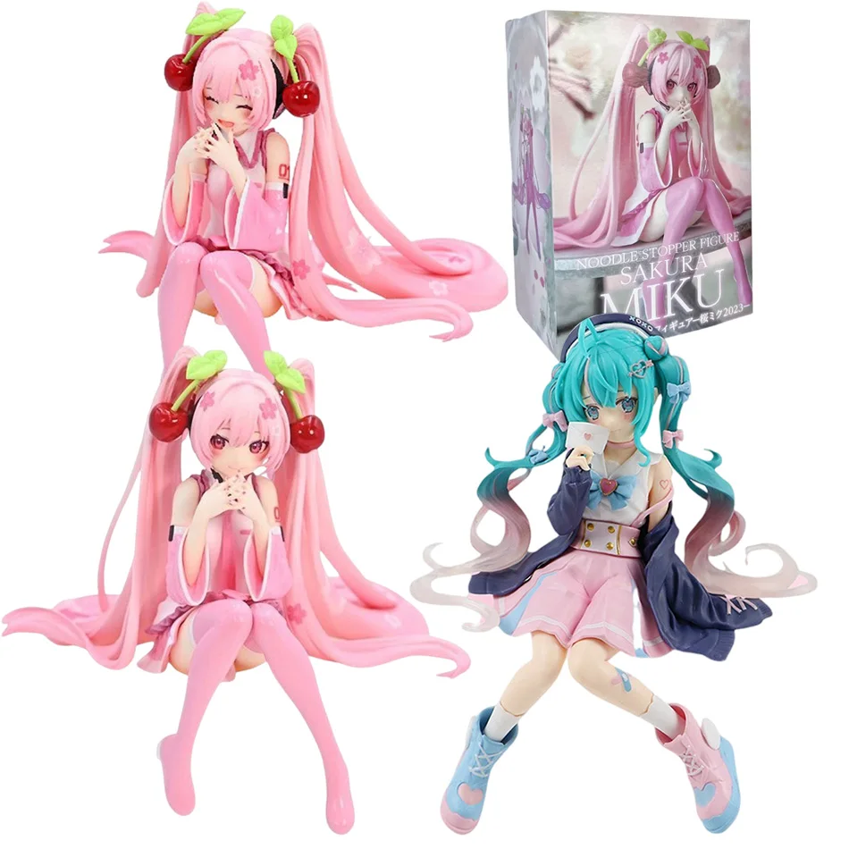 Anime Hatsune Miku Anime figure Cherry Pink dress Sitting posture PVC model action toys Cherry cherry blossom decoration gifts