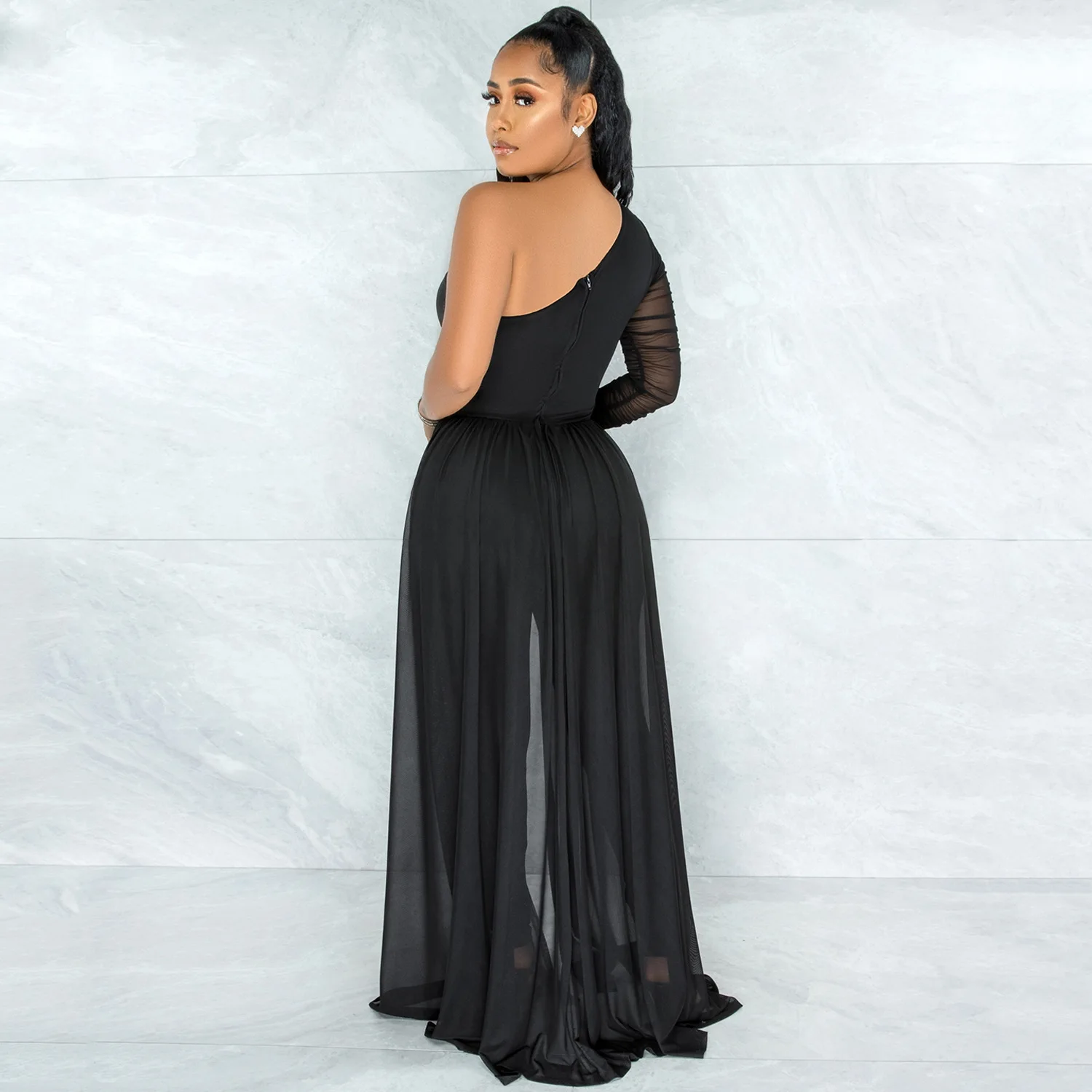 Solid Color Sexy Mesh Perspective Single Shoulder Diagonal Collar Long Sleeve Jumpsuit Women's Fashion Casual Skinny Jumpsuit