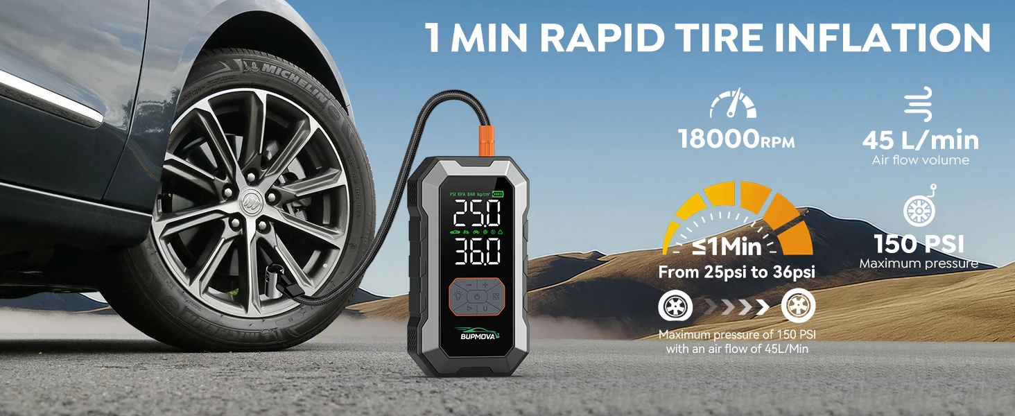 1000A/1500A PEAK Car Jump Starter With Air Compressor Cordless Tire Inflator, 25000mAh Battery Booster With Power Bank Pack & LED Flashlights