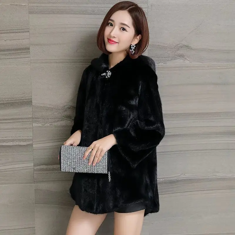 Vintage Hooded Plush Outwear Women Casual Imitation Mink Warm Winter Jacket Loose Oversized Thick Windproof Faux Fur Korean Coat