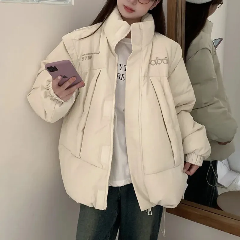 

Stand Collar Warm Women Parkas Coat Removable Long Sleeve Down Cotton Coat Women Letter Print Thicken Winter Jacket Female 2023