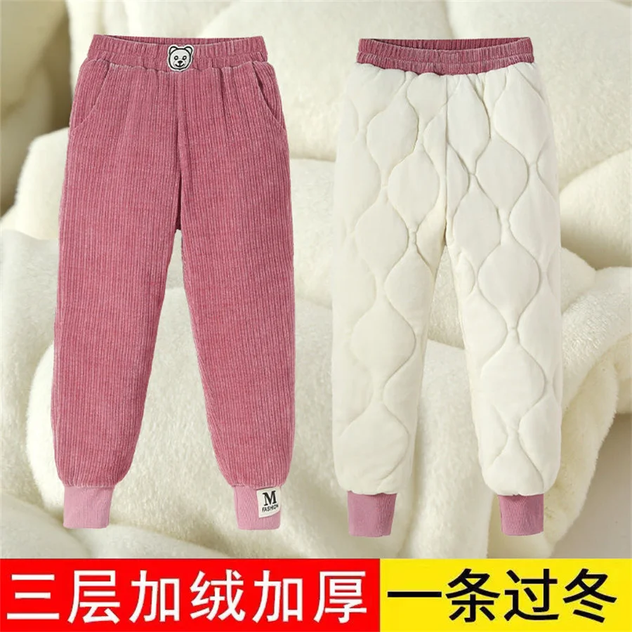 

2024 Winter Children Boys Trousers Cotton Plus Velvet Thicken Kids Boys Pants Solid Elastic Waist Outwear Kids Boys Sweatpants