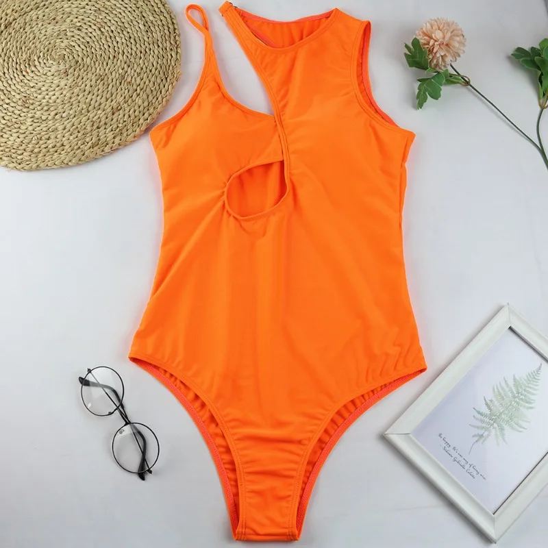 One Piece Swimwear Women One Shoulder Push Up Hollow Out Swimsuits Solid Bathing Suits Beachwear