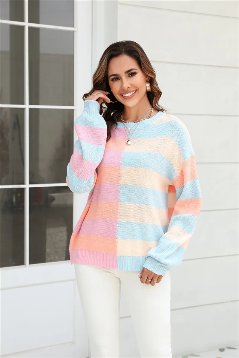 

Women Geometric Patchwork Sweaters Autumn O-neck Pullover Tops Winter Oversized Korean Casual Loose Knitted Jumper Female pull