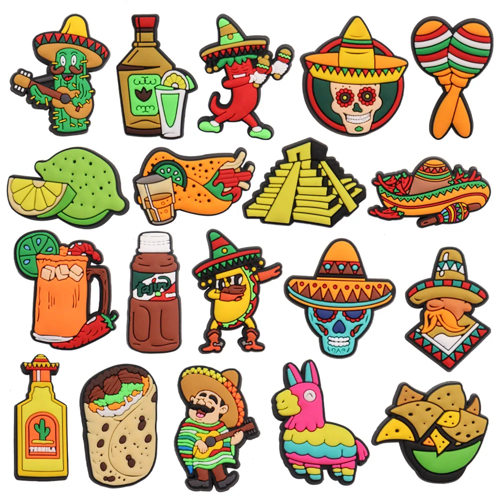 1-19PCS Schuh Charms Fit Armbänder Mexiko Kaktus Wein Chili Zitrone Tacos Hut Schnalle Ornamente Für Clogs Pins kind Urlaub Geschenk