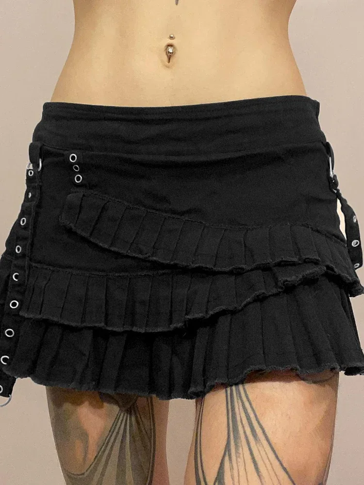 

Pleasted Patchwork Gothic Mini Denim Skirts Y2K Sexy Aesthetic 2000s A-line Women Bottoms Fashion Grunge Clothes