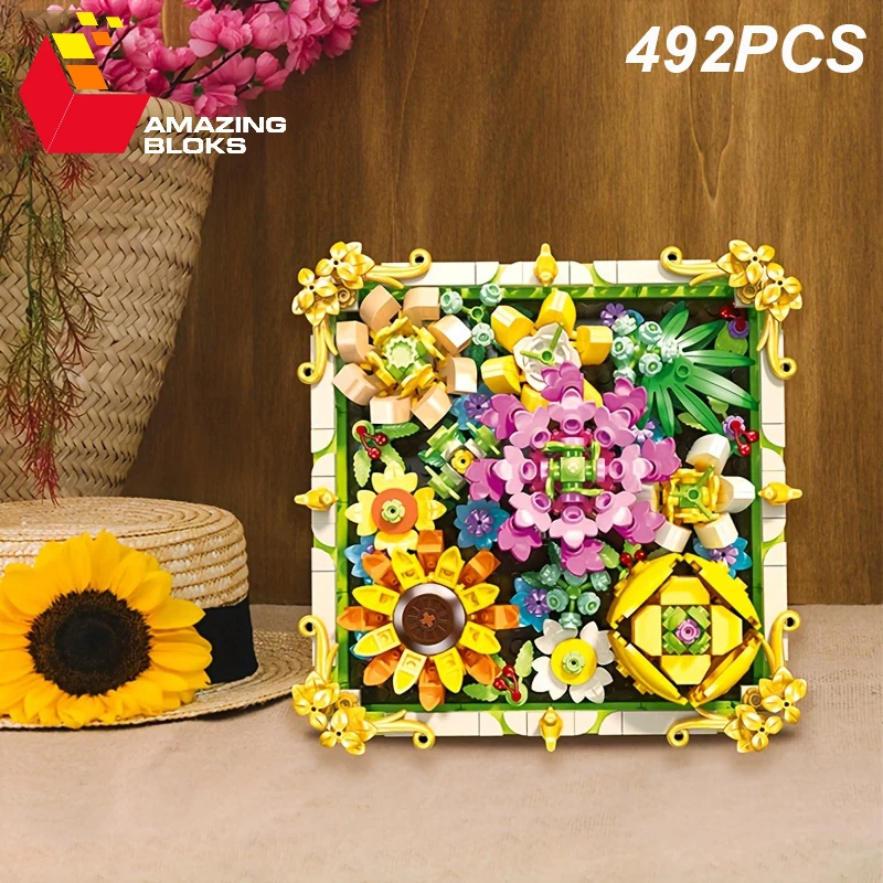 

492PCS Preserved Flower Photo Frame Building Blocks Sunflower Rose Plant Bouquet Assembly Model Bricks Children's Christmas Gift