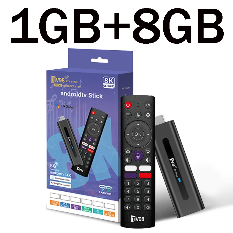 TV98 ATV 8K Smart TV Stick Android 14 ATV 2GB 16GB Allwinner H313 HD 4K Player 4G 5G Wifi Support OTA BT5.0 Voice remote TV Box
