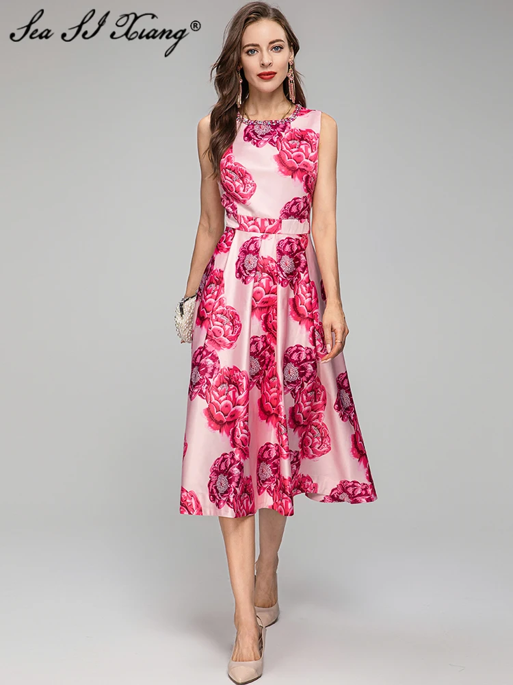 

Seasixiang Fashion Designer Spring Summer Women Dress Crystal O-Neck Sleeveless Flowers Print Elegant Party Dresses