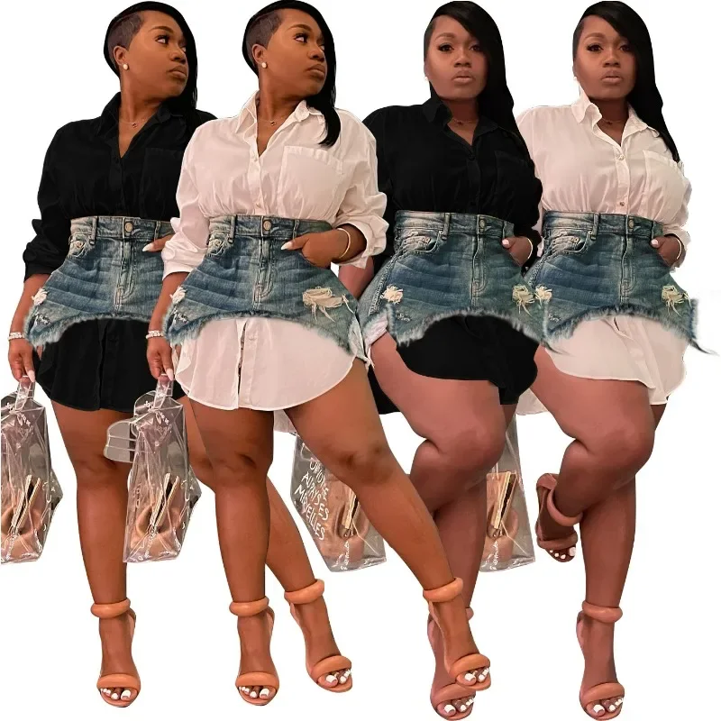 

New Arrivals Exquisite Design Spring Summer Denim Combination Dress Fashion Slim Cute Skirt Suit