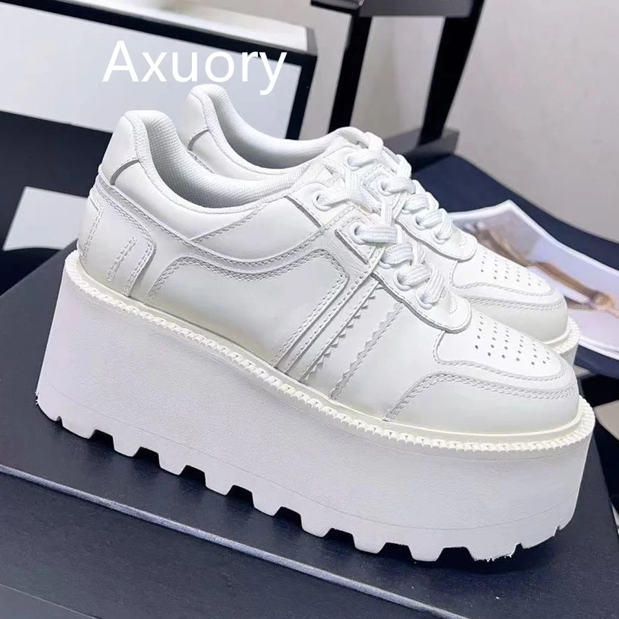 2023 Autumn Women's Thick heeled sneakers Mixed Color Lace-up Genuine Leather High Quality Lovely Style