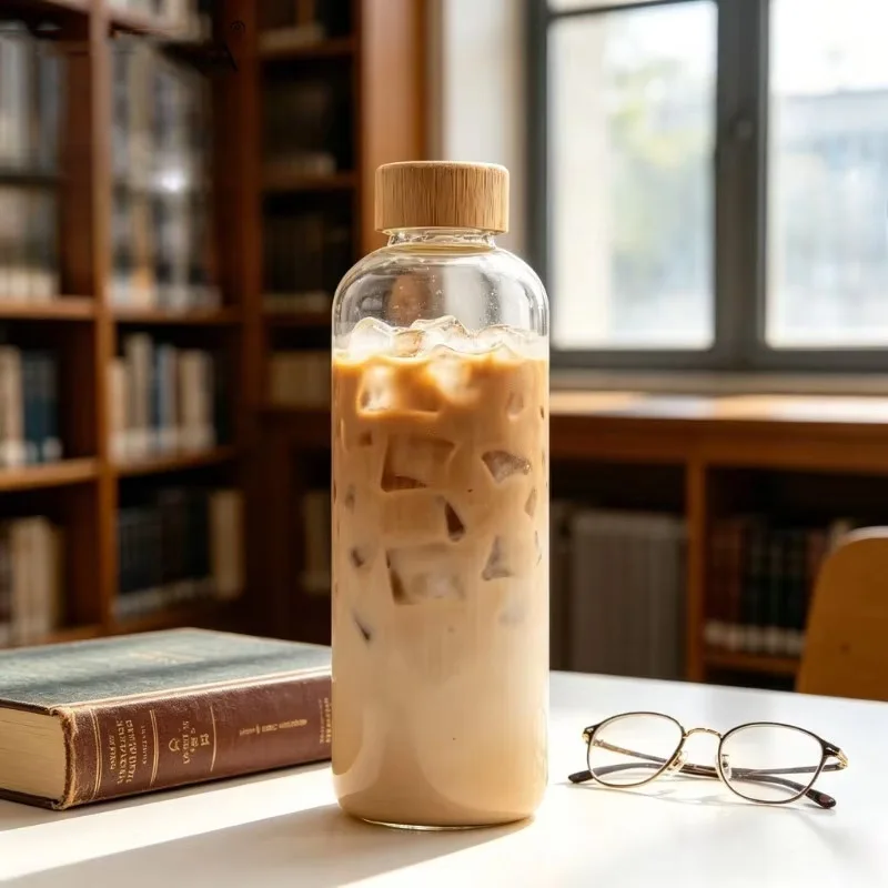 Eco-Friendly Borosilicate Glass Bottle with Bamboo Lid - Reusable, Leak-Proof, and Heat-Resistant for Travel and Beverage Storage