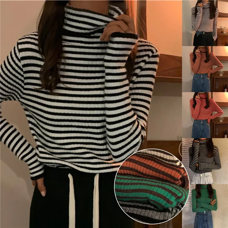 

Autumn Black Striped Sweater Women Knitted Pullover Long Sleeve Turtleneck Knitwear Korean Bottoming Shirt Stretch Jumpers New