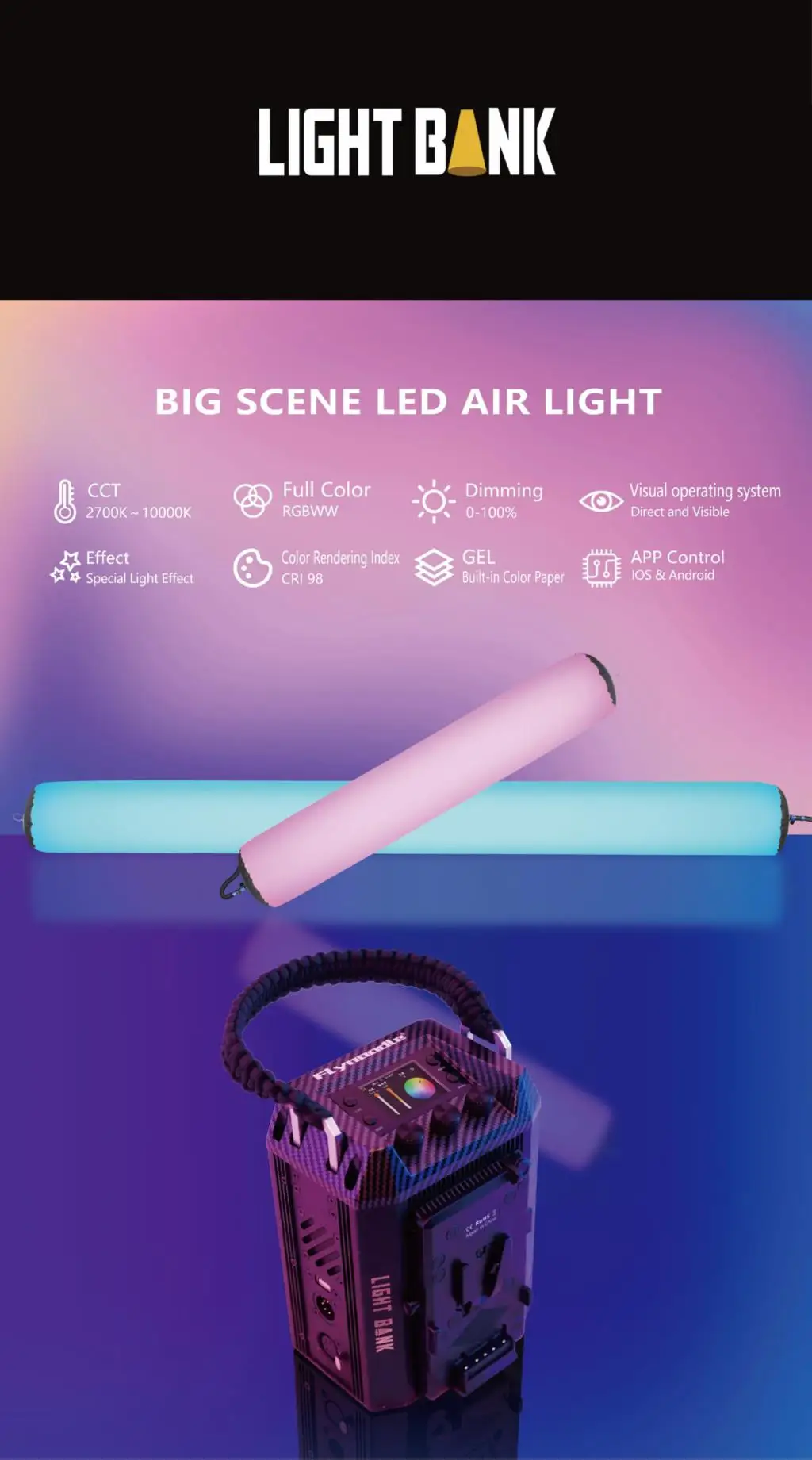 Flynoole 풀 컬러 RGB 사진 비디오 조명, 공기 기둥, 부드러운 조명, 사진 조명용 L14C, L18C, 2700k-10000k