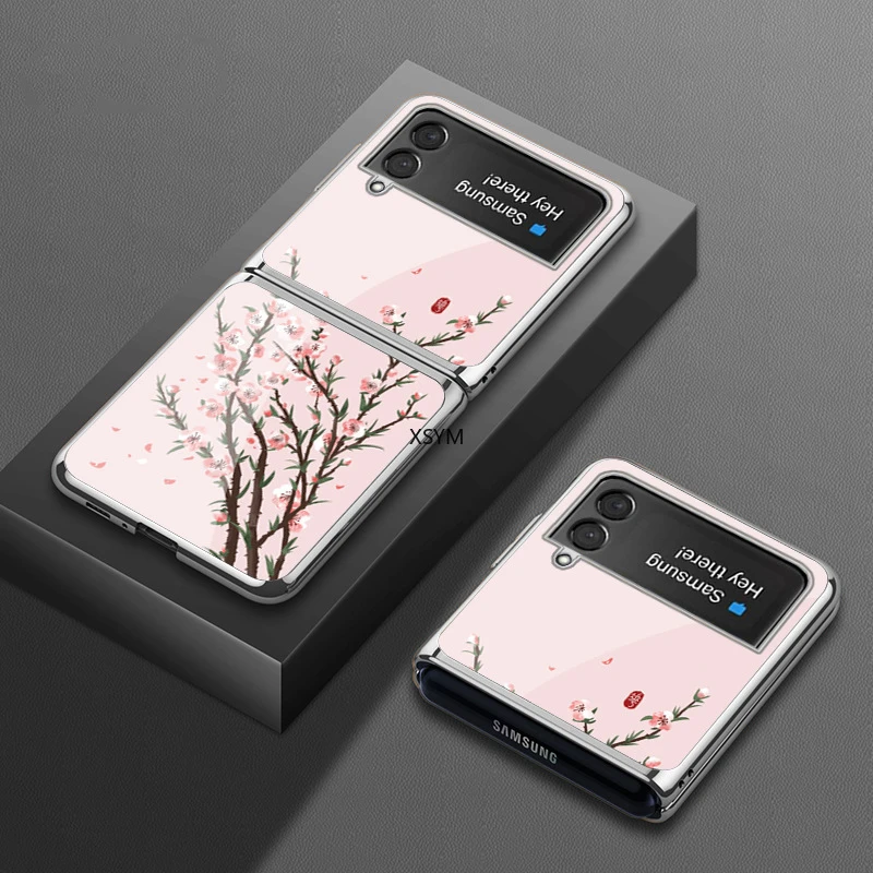 Plum Blossom Painted Phone Case Z Flip3 Painted Electroplated Glass Phone Case for Samsung Galaxy Z Flip3 5g Phone Case z flip3 cover