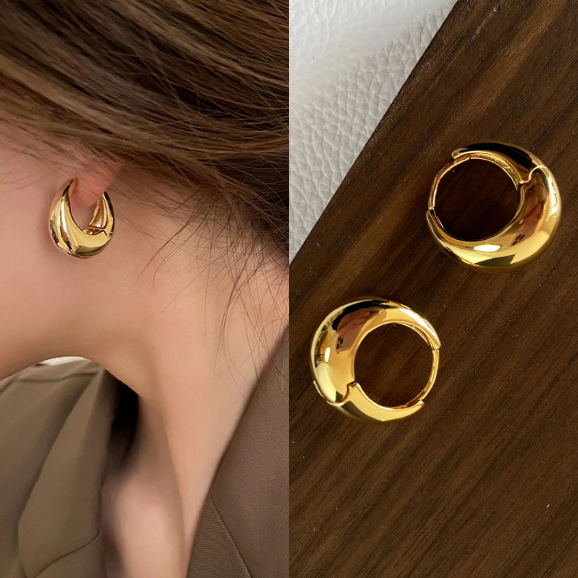925 Sterling Silver Smooth Gold Round Chunky Hoop Earrings for Women Round Circle Earrings Jewelry Prevent Allergy Party Gift silver hoop earrings silver earrings hoop earrings womens earrings gold earrings