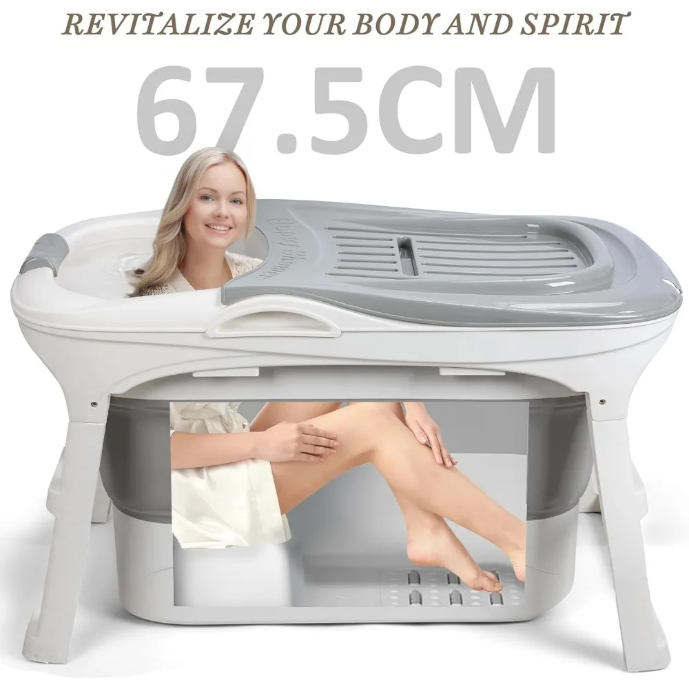 Adult Folding Bathtub Collapsible Portable Tub Small Foldable Tub with Thermal Cover & Massage Roller, Large Freestanding Surrou