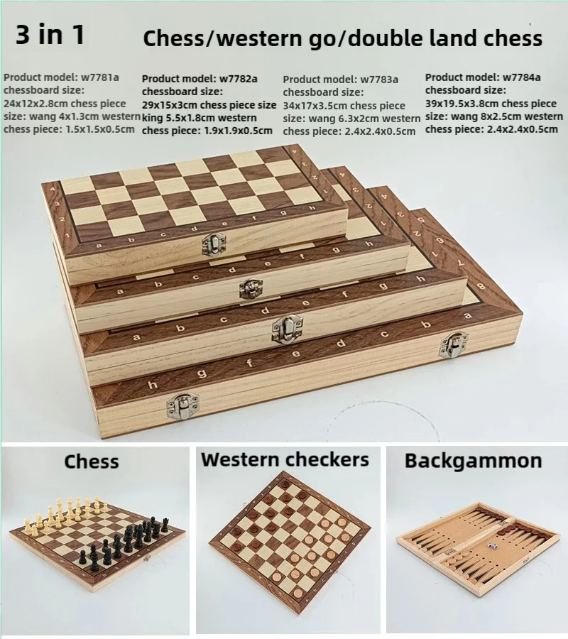 24/29/34/39cm 3 in 1 Large Chess Board Folding Wooden Portable Chess Game Board Chekers Backgammon Chessboard For Kids Adults