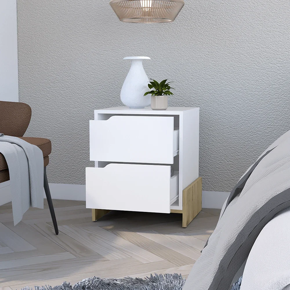 

Sturdy White Brookland Nightstand with Double Drawers and Macadamia Finish, Bedside Table for Bedroom Décor, Modern Furniture E