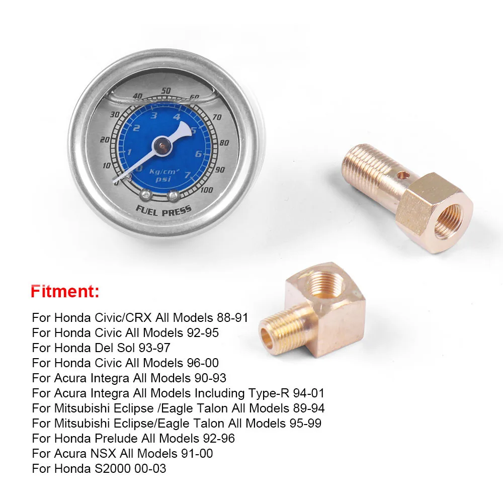 Three Colors New Aluminum Car Fuel Pressure Gauge with 2 Copper Connectors For Honda Civic CRX Acura Fuel Pressure Gauge