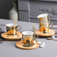 

Specular Reflection Cup Ceramic Animal Mug with Upgraded High-end Wooden Plate Coffee Cup and Saucer Sets Home Decorations