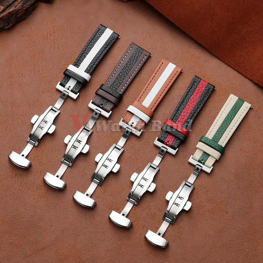 Colorful Calfskin Leather Watch Strap with Butterfly Buckle