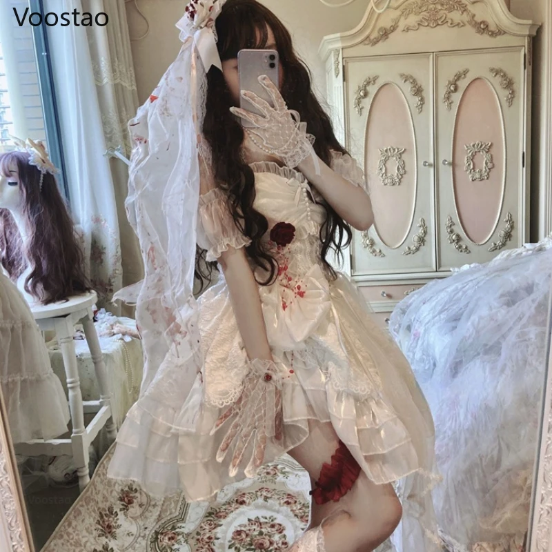 Gothic Lolita Princess Dress Vintage Terror Blood Bride Halloween Party Female Y2k Bandage Rose Lace Mini Dress