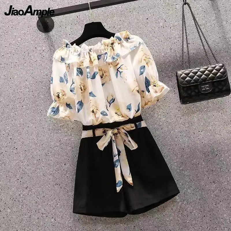 Women's Summer Shorts Suit 2022 New Casual Printed Shirt Top Pants Two Piece Korean Fashion Elegant Short Sleeve Blouse Set