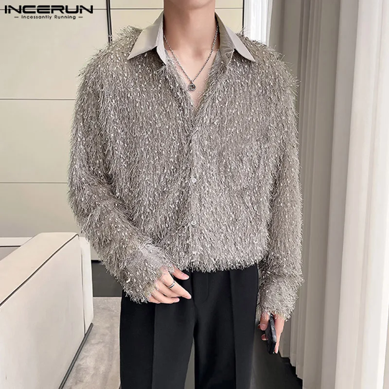 

INCERUN Tops 2023 Korean Style New Mens Plush Fabric Tassel Design Shirts Fashion Streetwear Patchwork Long Sleeved Blouse S-5XL
