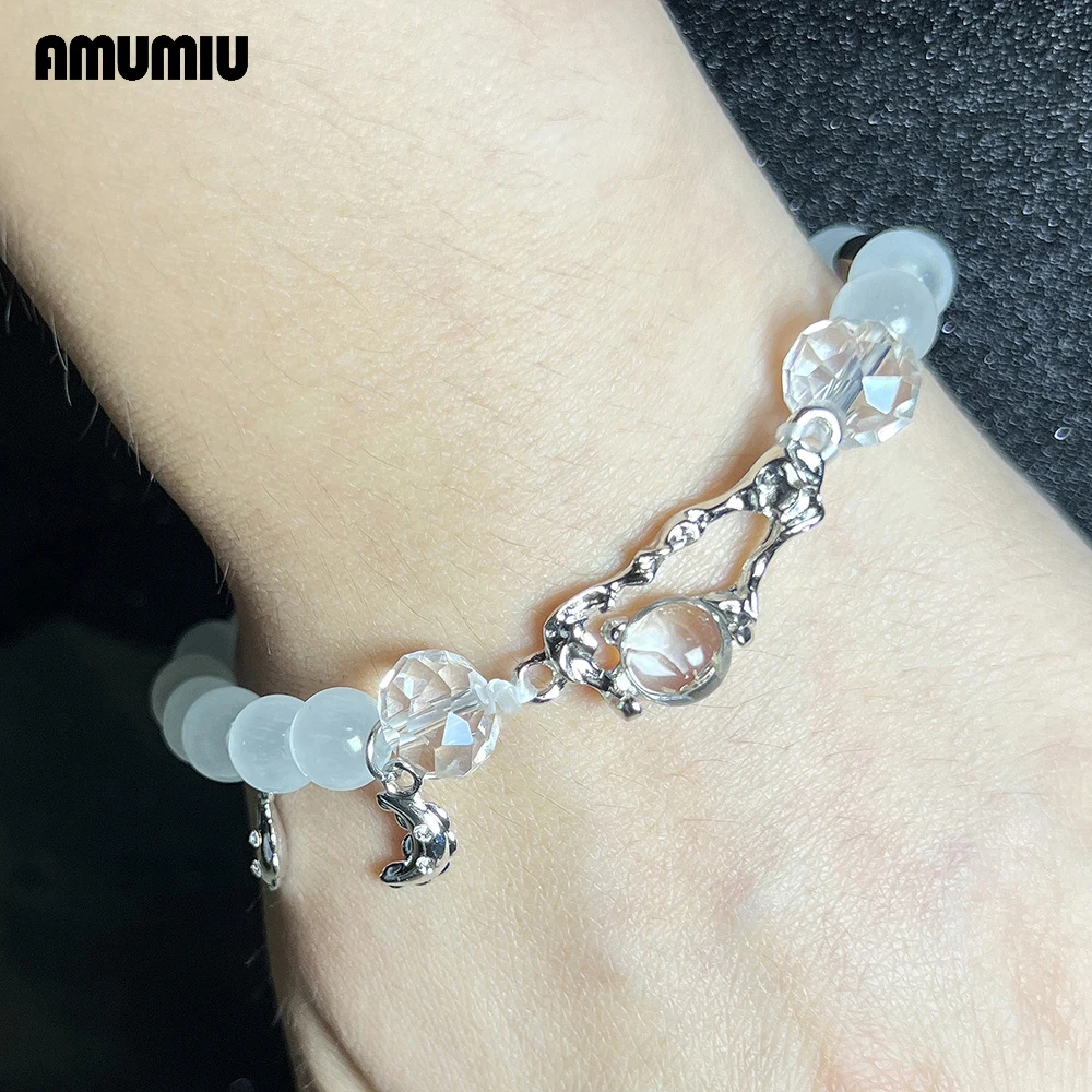 

AMUMIU Transparent Bead Bracelets Rhinestone Moon Silver Color Women Accessories Stackable stretch Cuff