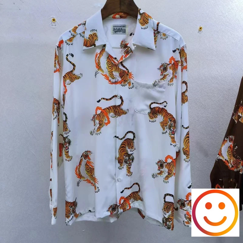 Fire Ring Tiger Print White Wacko Maria Men Women High Quality Loose Long Sleeve Shirt Clothes super long idling yo yo fire silver electric v x genuine competition advanced competition new ufo sent in seconds