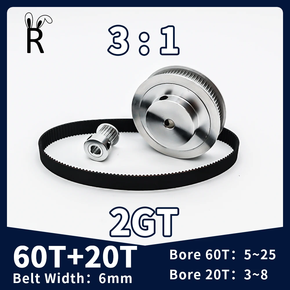 

GT2 Timing Belt Pulley Set 60T 20Teeth Reduction 3:1 Tensioning Wheel Bore 3~25mm Belt Width 6mm 2GT Synchronous Pulley Belt Kit