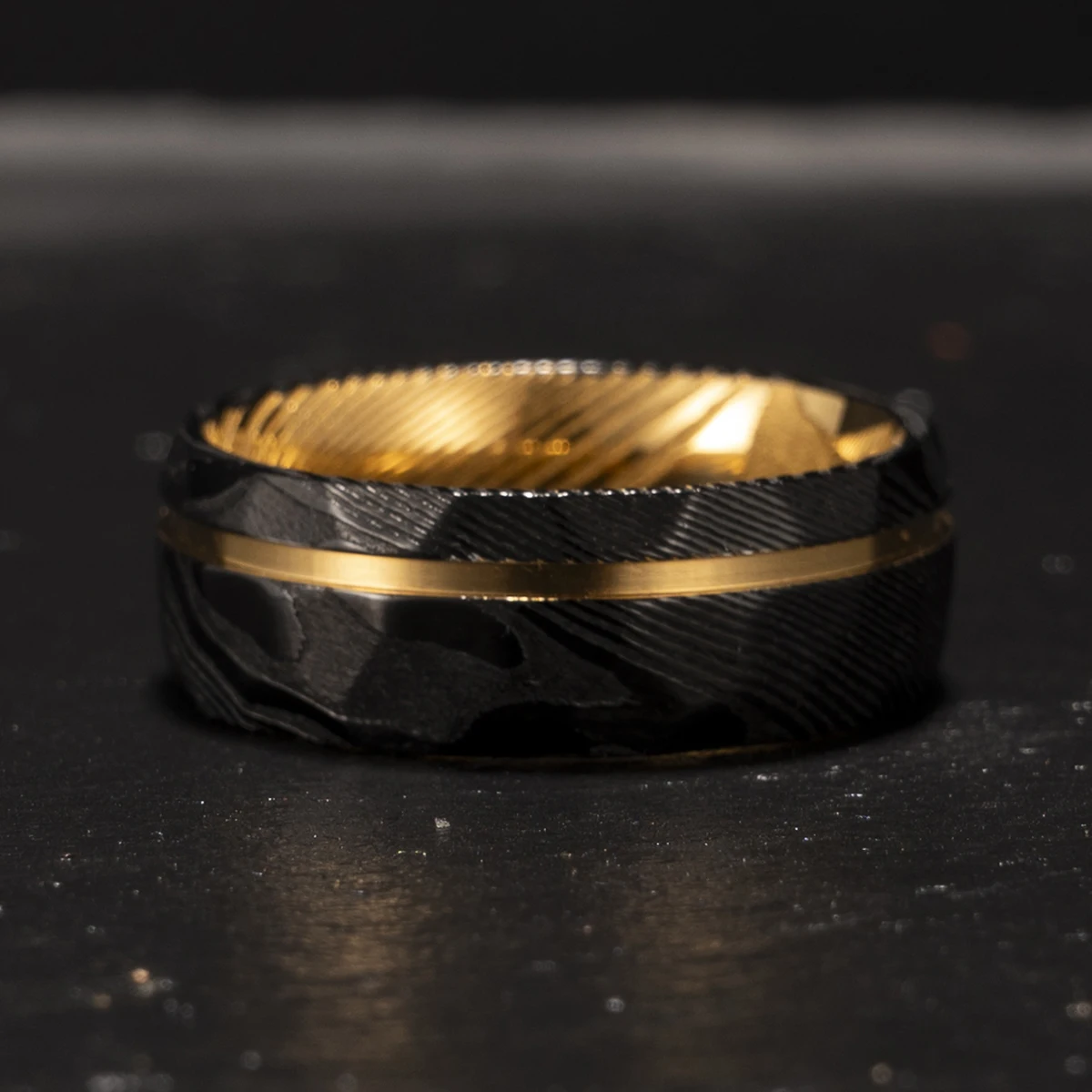 Damascus Steel Ring 8mm Black With Gold-Plated Inner Layer Men'S Couple Wedding Ring Luxurious and Comfortable Daily Party Wear
