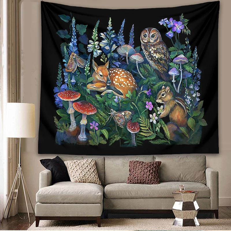 Enchanted Forest Tapestry Wall Hanging Botanical Celestial Mushroom Wild Flower Magic Wall Carpets Dorm Decor Starry Sky Carpet