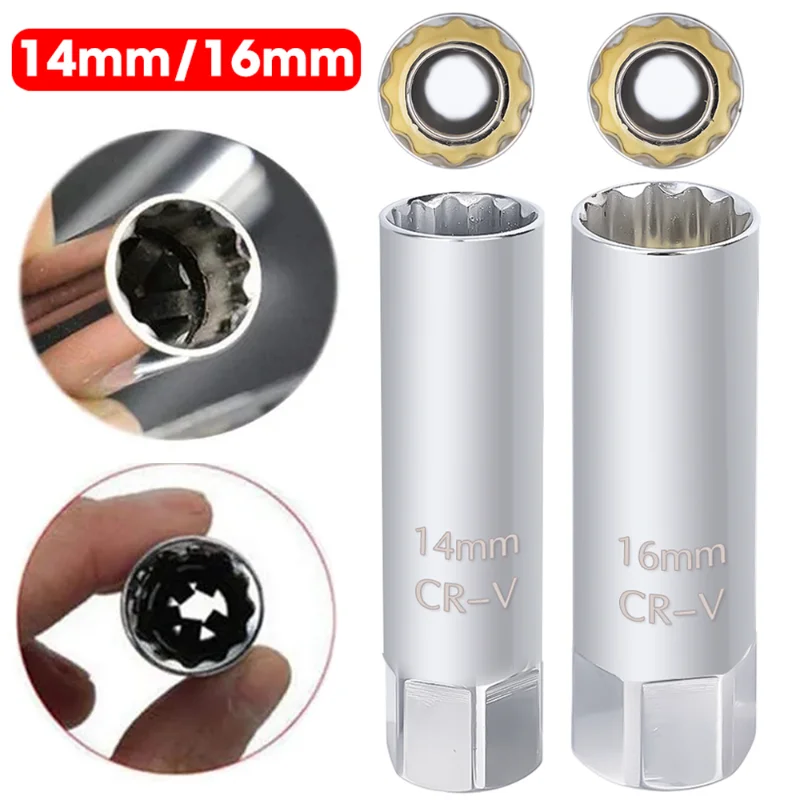 

Car Spark Plug Sleeve Wrench CR-V 14mm 16mm Magnetic 12-Point Angle Thin Wall Spark Plug 3/8" Socket Auto Removal Repair Tools