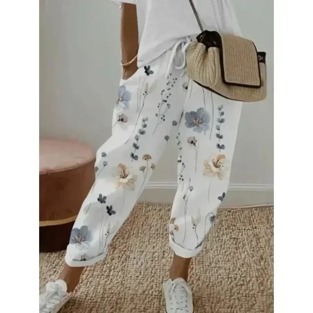 Women's Fashion Summer Plus Size 1XL-5XL  Floral Print Straight Elastic Drawstring Pocket Pants Ladise Casual Versatile Pants