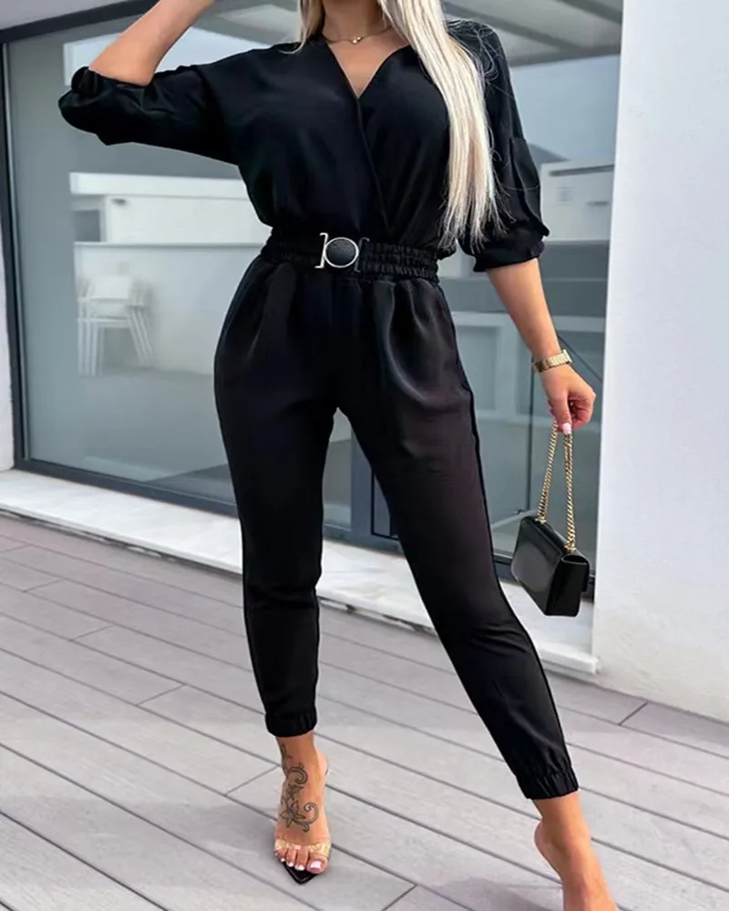 2023 new women's elegant party jumpsuit collage trousers jumpsuit high waist slim casual pants pure color wide-leg summer jumpsu