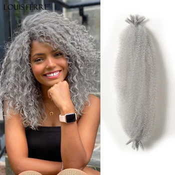 LOUIS FERRE 크로셰 머리, 합성 아프리카 땋은 머리, 딥 트위스트 솜털 머리, 회색 아프로 컬, 익스텐션 16 인치