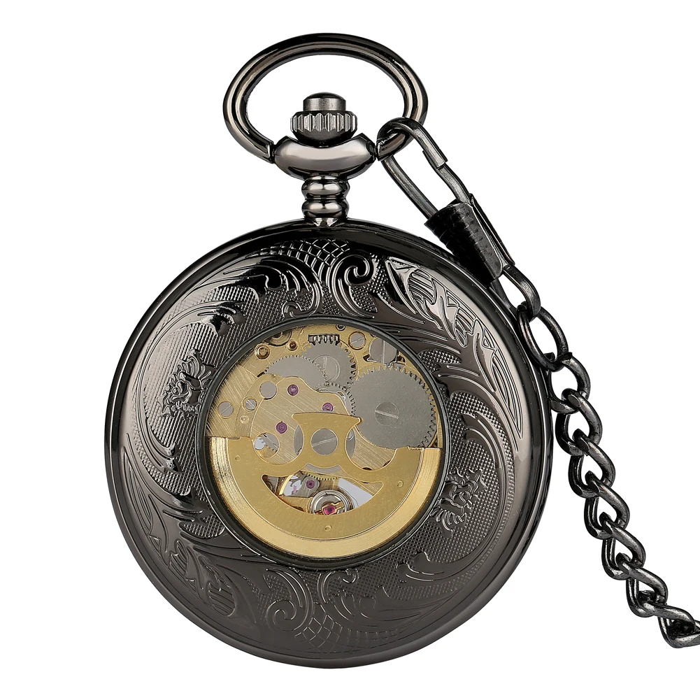 Vintage Black Pattern Glass Case & Golden Roman Number Skeleton Mechanical Pendant Fob Pocket Watch With Chain Christmas Gift