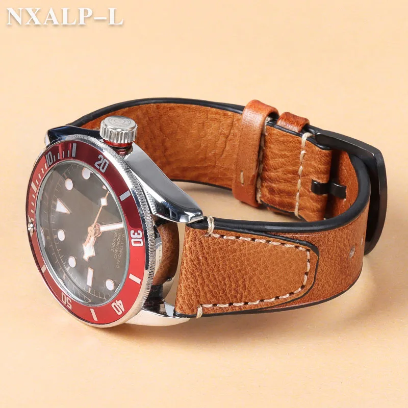 Vintage Genuine Leather Watch Band with Stitching - Retro Cowhide Quick Release Strap