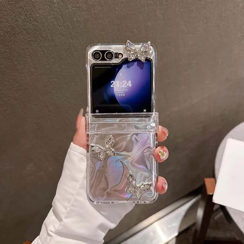 3D Shinny Butterfly Wrist Strap Phone Case for Samsung Galaxy Z Flip 6 5 4 3 Protective Cover for Z Flip6 Flip5 Flip4 Flip3 Capa_voghion.com